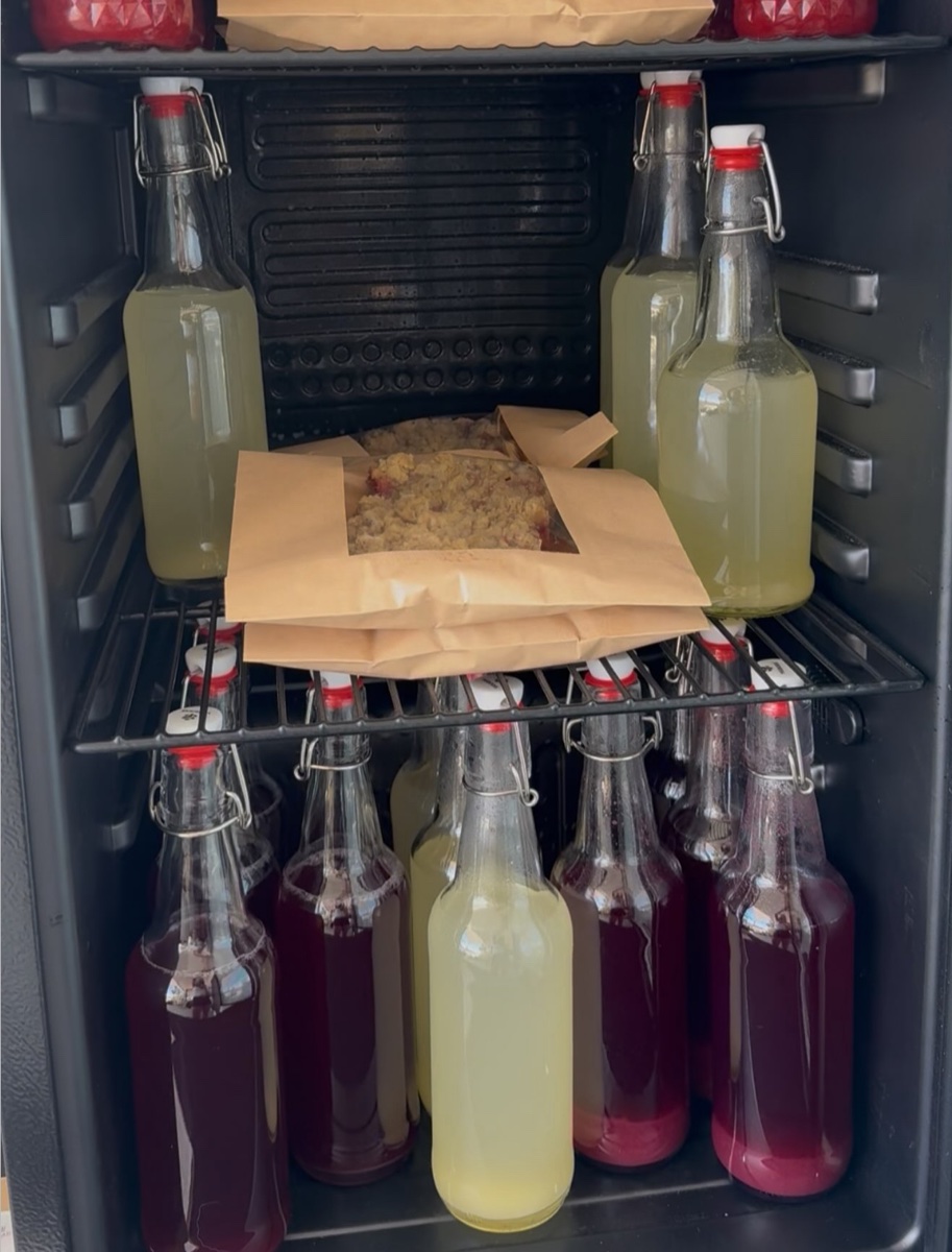 Bottled probiotic lemonade chilling in the fridge from Solid Rock Homestead 725