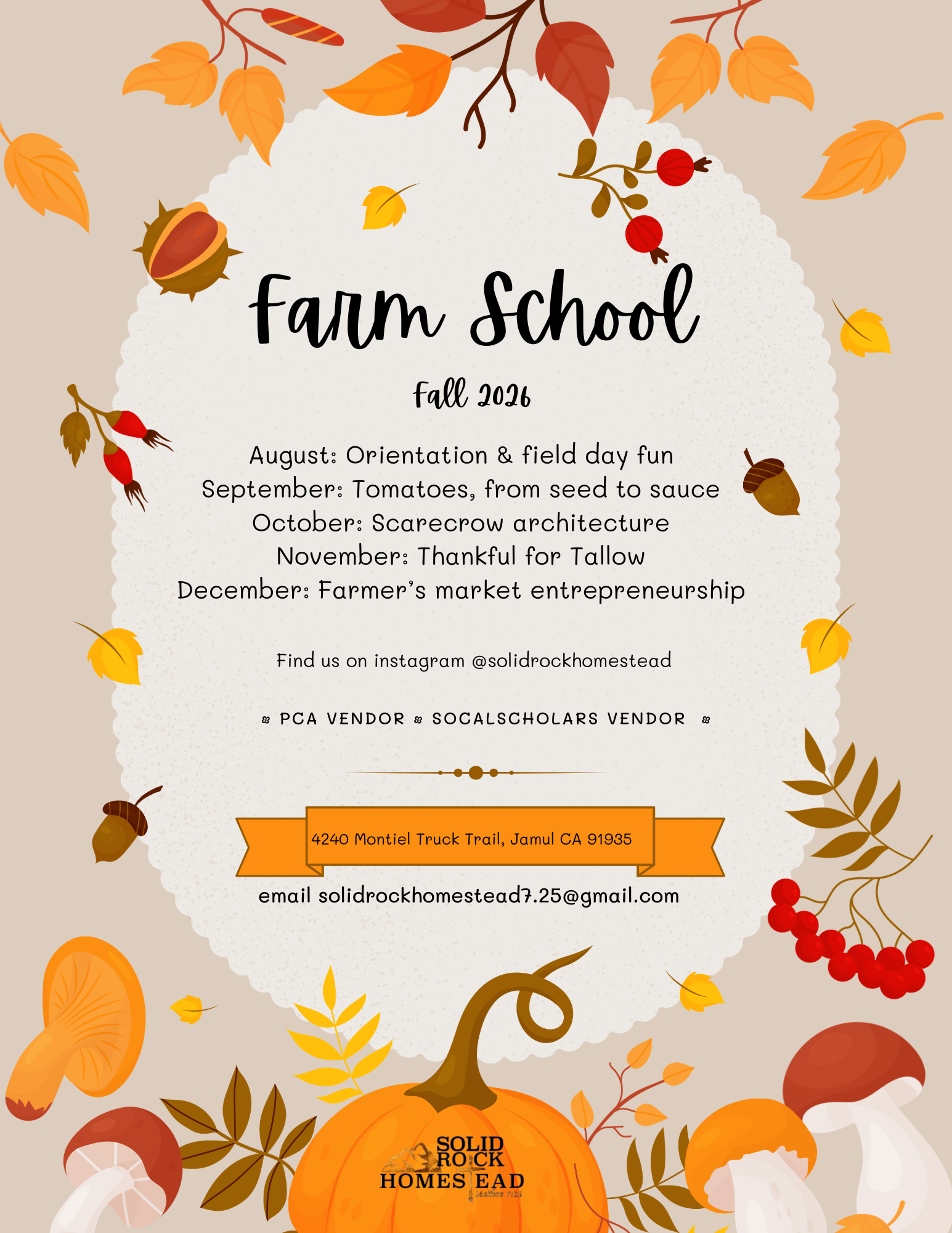 Farm School Fall 2026 flyer — monthly themed sessions