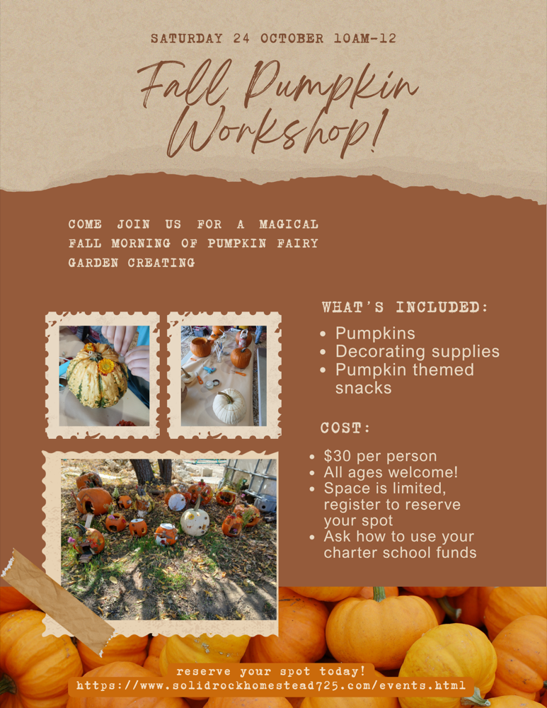 Fall Pumpkin Workshop flyer — pumpkin fairy garden creating, Saturday October 24